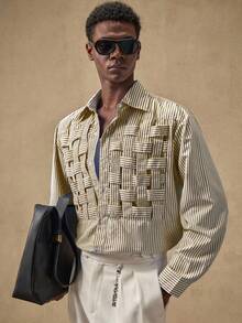 AKNOTIC Business Casual Áo sơ mi nam sọc dài tay, cài khuy đơn giản - màu nâu - Xem 6