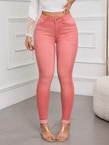 SHEIN EZwear 女士春季休闲高腰紧身牛仔裤 - 粉色 - 查看 3