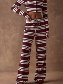 SHEIN BAE Women's Burgundy Striped Retro Casual Striped Drawstring Waist Trousers / Casual Trousers / Loungewear Trousers / Striped Straight Leg Trousers / New Year Trousers / Goingout Trousers /Casual Women Outfits Striped Wide Leg Pants - Coffee Brown - View 5