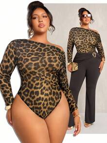 SHEIN SXY Bộ đồ liền thân họa tiết da báo xuyên thấu đơn giản, thanh lịch, gợi cảm hàng ngày, thời trang tối giản, cỡ lớn dành cho nữ mùa xuân và mùa hè - Nhiều màu - Xem 1