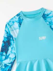 SHEIN 青少年女孩扎染印花分体泳衣套装，插肩袖，休闲假日风格 - 青碧色 - 查看 5