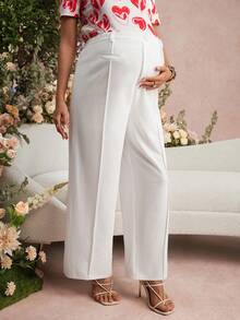 SHEIN 孕妇纯色直筒宽松休闲裤，带腰带环，适合情人节、婚礼派对等场合，白色阔腿裤 - 白色 - 查看 8