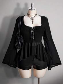 SHEIN ICON Áo thun cổ chữ U buộc vạt trước Y2K phong cách Gothic cổ điển cỡ lớn, viền bất đối xứng, tay loe - màu đen - Xem 1