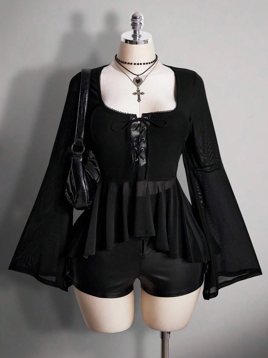 SHEIN ICON Áo thun cổ chữ U buộc vạt trước Y2K phong cách Gothic cổ điển cỡ lớn, viền bất đối xứng, tay loe - màu đen - Xem 1
