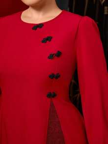 Auvina Váy dài tay màu đỏ thắt eo trang trí nút kiểu Trung Hoa thanh lịch cỡ lớn dành cho nữ, thích hợp cho tiệc năm mới - Đỏ - Xem 4