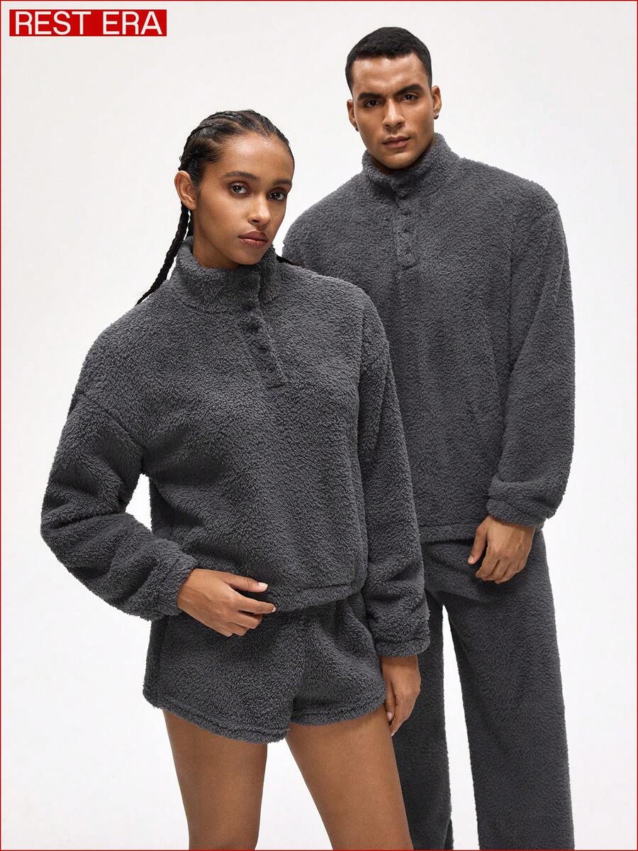 EasyFave Men's Solid Color Minimalist Long Sleeve Loungewear Set - Grey - View 1