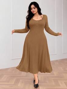 Modelyn Plus Size Solid Color Minimalist Long Sleeve Casual Dress - Coffee Brown - View 4