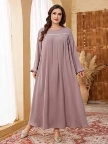 Al Najma Robe longue à manches longues de couleur unie avec garniture en dentelle, style arabe décontracté pour grandes tailles - Vieux Rose - Voir 4