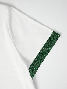 Resyla Faux Sequin Print T-Shirt, Green Four-Leaf Clover, Lucky Straw Print T-Shirt, St. Patrick's Day Women's Crew Neck T-Shirt For Spring And Summer, Holiday T-Shirt - Green - View 4