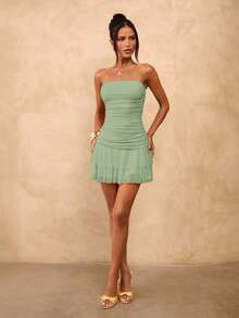 SHEIN BAE Solid Yellow Cream Ruched Bodycon Ruffled Hem Mini Dress, Cute Summer Dress, Brunch Dress, Yellow Dress - Mint Green - View 5