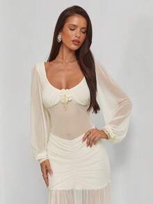 Aloruh Elegantes Damen Maxikleid mit quadratischem Ausschnitt, Blumendekoration, geraffter Taille, Mesh-Einsätzen und einfarbigem Design für Partys - Aprikosenfarben - Übersicht 5