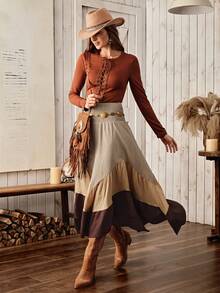Wildy BOHO Casual Country Style Color Block Asymmetrical Hem Skirt For Women, Versatile Basic For Daily Wear, Autumn/Winter/All Season - Multicolor - View 4