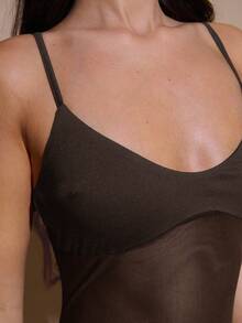 SHEIN BAE Black Sheer Mesh Patchwork Asymmetric Bodysuit, Day Of The Dead, Women Dark Brown Top - Coffee Brown - View 8