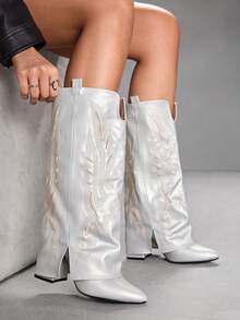 CUCCOO SZL 时尚休闲复古粗跟女式过膝长靴 - 銀色 - 查看 6