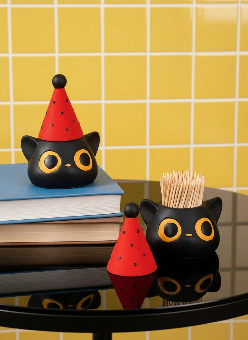 Joivida 1个可爱柠檬/猫咪造型陶瓷收纳罐 - 带盖，可作浴室台面装饰收纳盒，用于收纳棉签、牙线、牙签 - 厨房或浴室装饰 - 柠檬片造型收纳盒，浴室配件，趣味设计，光滑表面，耐用材质，时尚家居之选 - 彩色 - 查看 1