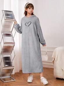 SHEIN 少女宽松休闲针织双面抓绒爱心刺绣连帽连衣裙 - 淺灰色 - 查看 2