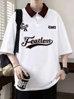 SHEIN Polo de niño adolescente con estampado de letra universitaria de bloques de color, casual, cómodo, de moda, versátil, lindo, suave, adecuado para uso diario, escuela, salidas, deportes, vacaciones