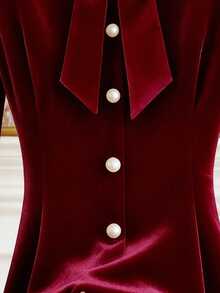 SHEIN Franclia 女士优雅通勤纯色蝴蝶结T恤 - 酒紅色 - 查看 5