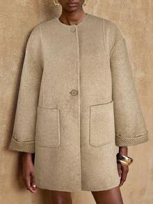 Lumalex Abrigo de lana asimétrico y versátil de doble cara, otoño/ - Caqui - Ver 5