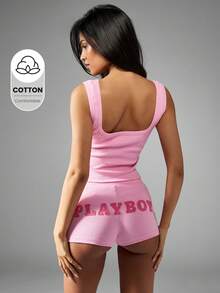 Missguided x Playboy Ribbed Shorts Athletic Summer Workout High Waist Sporty Athletic Casual Lounge Gym Activewear - Pink - View 1