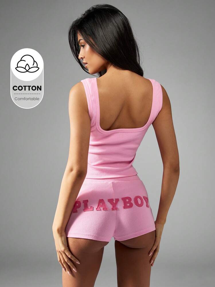 Missguided x Playboy Ribbed Shorts Athletic Summer Workout High Waist Sporty Athletic Casual Lounge Gym Activewear