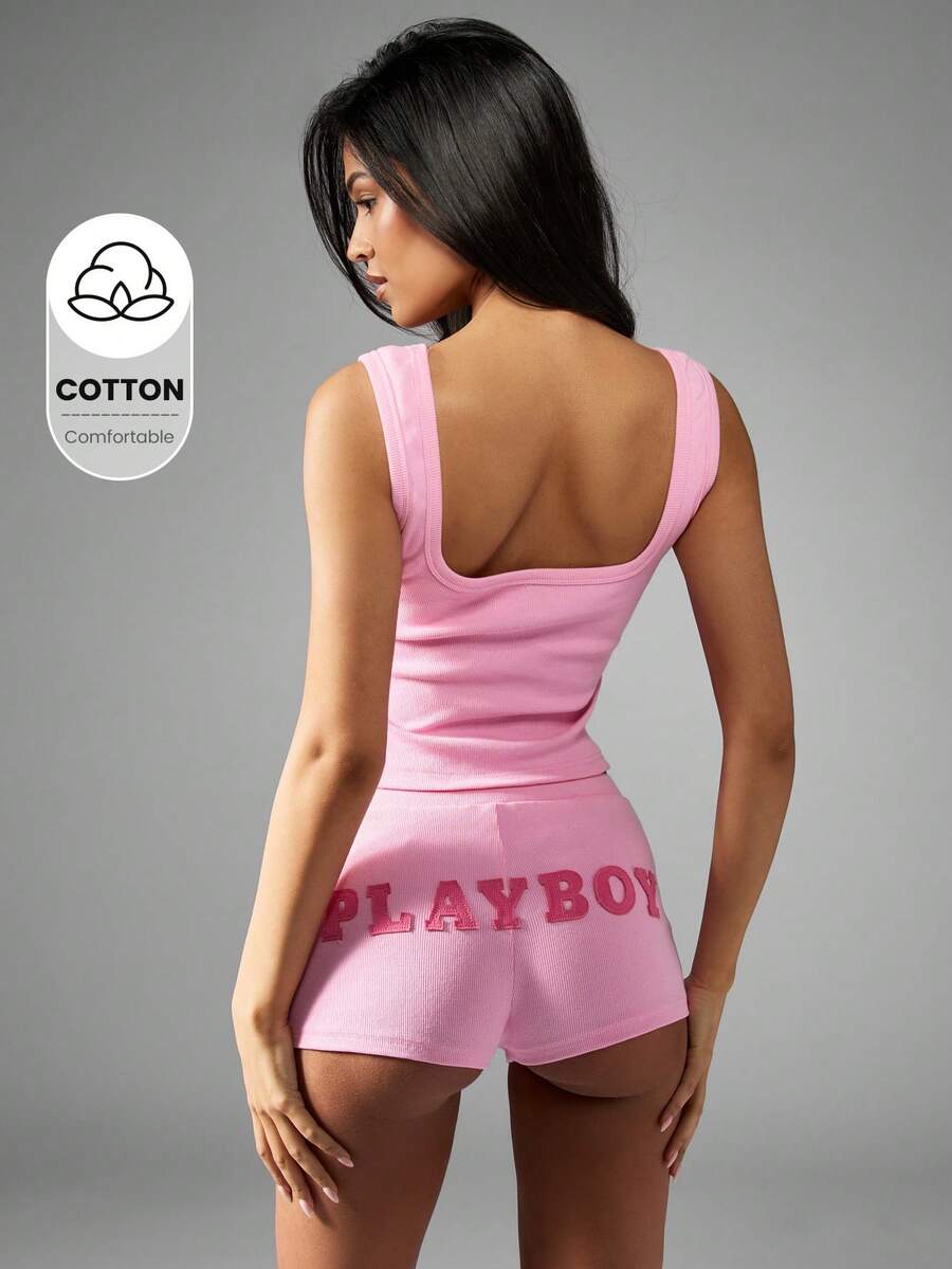 Missguided x Playboy Ribbed Shorts Athletic Summer Workout High Waist Sporty Athletic Casual Lounge Gym Activewear - Pink - View 1