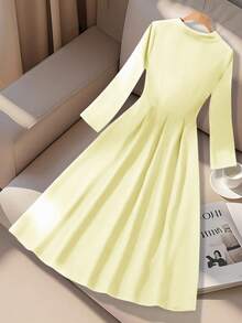 Franclia Váy suông xếp ly thanh lịch, ôm sát, ve áo, cạp cao một hàng khuy, dành cho nữ, Xuân/Thu - Vàng nhạt - Xem 2