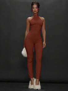 MUSERA High Neck Fitted Bodycon Capri Jumpsuit Autumn Winter Fall Going Out Everyday Night Out Sexy Streetwear Esky Party  Elegant Thanksgiving Chic - Redwood - View 3