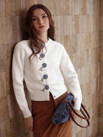 MOTF PREMIUM WOMEN'S AUTUMN/WINTER RHINESTONE FLOWER BUTTON CARDIGAN SWEATER