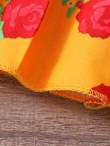 SHEIN Middle Eastern Print Girls T-Shirt Top & Pleated Floral Skirt Set, Suitable For Middle Eastern, Party, Festival Wear - Mustard Yellow - View 8