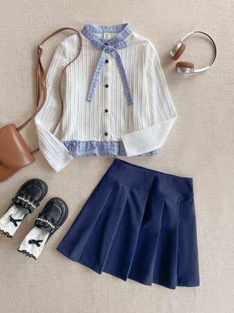 PrepCrw 2pcs Tween Girls Elegant Urban School Casual Blue & White Plaid Bow Decor Patchwork White Ribbed Long Sleeve Cardigan And Navy Blue Skirt Set, Suitable For Back To School, Casual Outings, Trips, Gatherings, Festivals, Autumn/Winter