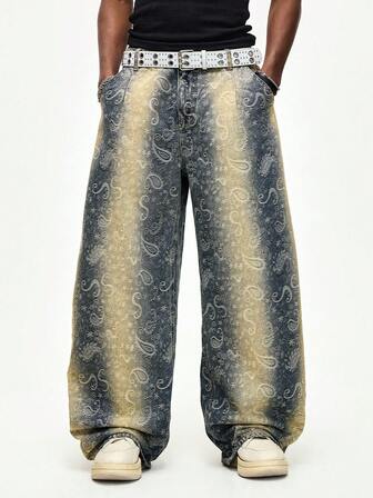 Street Life Men's Washed Curved Leg Cashew Flower Denim Jeans