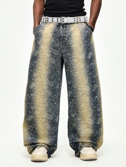Street Life Jeans en denim à jambes cintrées lavées avec motif floral de noix de cajou pour hommes