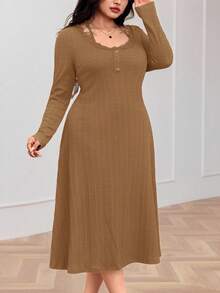 Modelyn Plus Size Solid Color Minimalist Long Sleeve Casual Dress - Coffee Brown - View 6