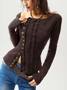 Bohemela 休闲纯色针织百搭领口设计长袖修身水洗女式T恤 - 棕色 - 查看 6