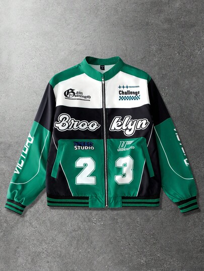 Street Life Chaqueta de motorista con cremallera, con elementos numéricos y de carreras, de moda casual urbana para hombres, adecuada para otoño/invierno