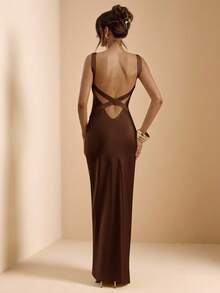 SHEIN BAE Butter Yellow Backless Tie Strap Fitted Satin Mermaid Dress, Elegant Formal Gown For Brunch, Bridesmaid, Party, Cocktail, Wedding, Birthday