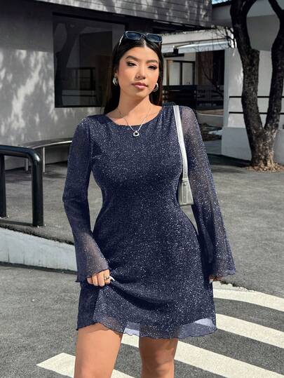 SHEIN EZwear Navy Blue Flare Sleeve Glitter Mesh Plus Size Women Dress Autumn/Winter,Christmas,New Year,Thanksgiving,Party,Wedding,Beach,Graduati,Chic,Elegant,Casual,Going Out,Date,Appointment,Commute Sparkly Dress Long Sleeve Blue Dress Blue Dress For Women Navy Blue Dress Women Blue Sparkly Dress