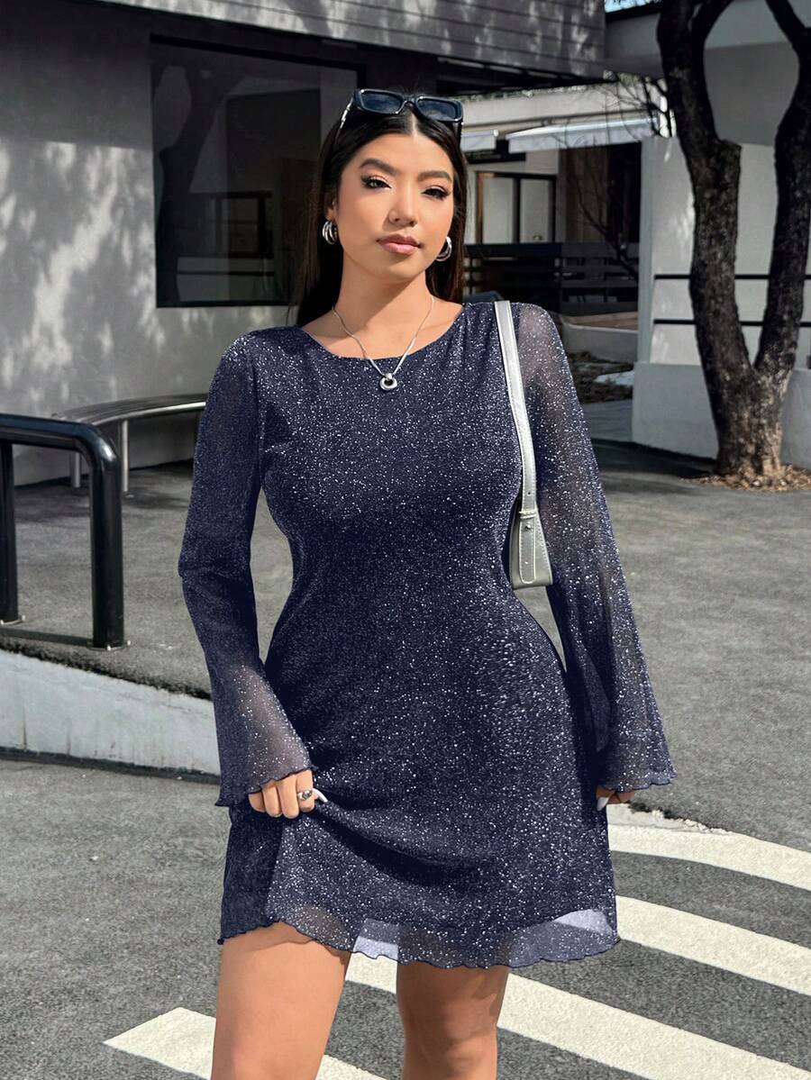 SHEIN EZwear 海军蓝喇叭袖亮片网纱大码女式连衣裙 - 藏蓝色 - 查看 1