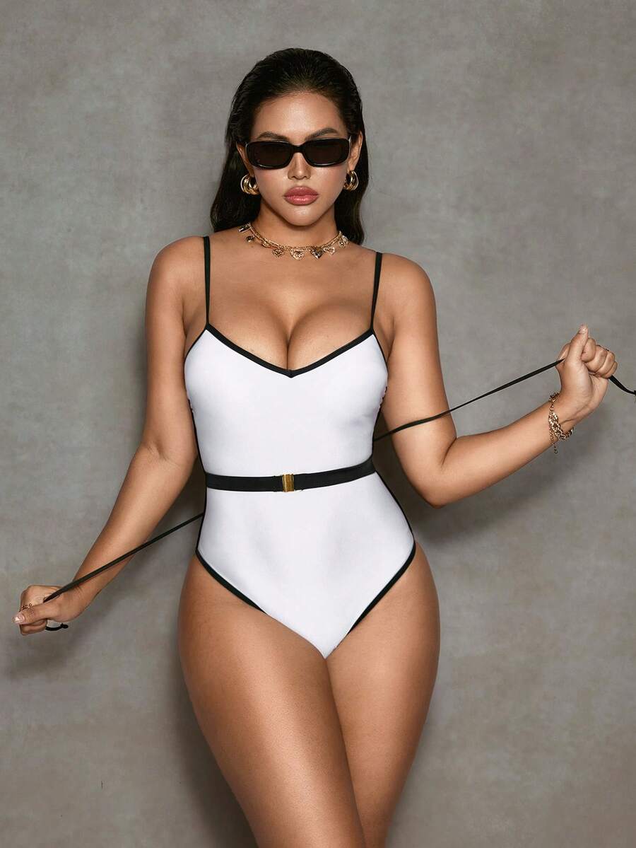 Shapewave Women's White Shiny & Black Trim Matching Black Metal Belt Backless Criss-Cross Strap Design One Piece Swimsuit, Fashionable Fitted Beach Vacation Swimsuit - White - View 1