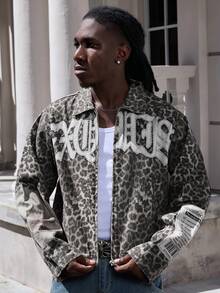 ROMWE MEN Street Life Men's Retro Leopard Print Denim Jacket - Black - View 6
