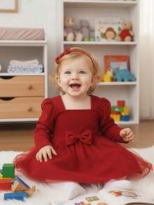 SHEIN Toddler Girls' Cute & Elegant Long Sleeve Mesh Dress, Soft & Comfortable Fabric Suitable For Parties, Weddings, Outings, Photoshoots, Autumn/Winter