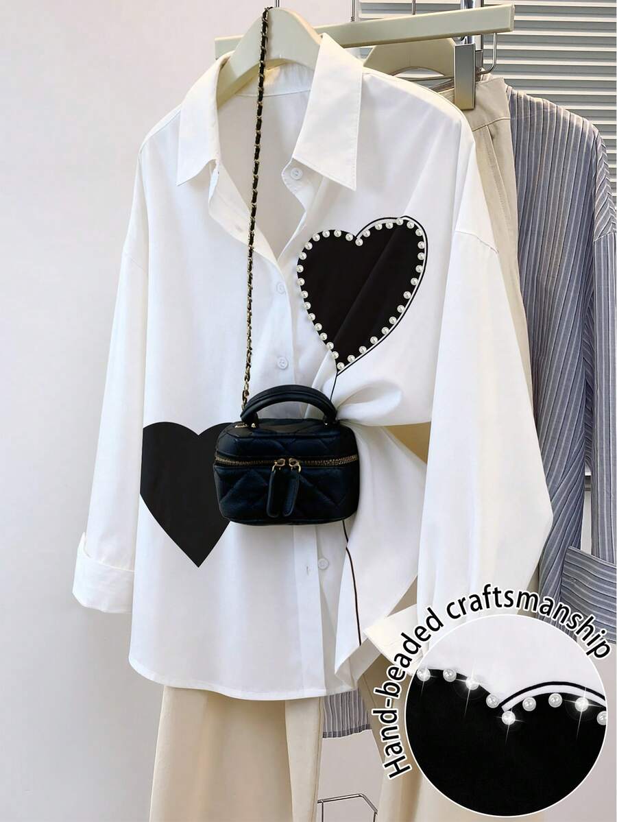 INAWLY 女士上衣，心形图案串珠彰显精湛工艺，宽松长袖休闲两穿女式衬衫，送给闺蜜/女友的礼物，趣味礼物衬衫，新款秋冬女式上衣，秋冬毕业季，返校季，毕业季，送给老师的礼物，返校季套头衫，新年礼物，圣诞礼物 - 白色 - 查看 1