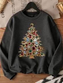 EMERY ROSE 圣诞主题图案印花，高品质颜料染色节日套头衫，圣诞花圆领长袖 - 深灰色 - 查看 1