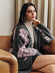 Anewsta Vintage Elegant Loose Fit Jacquard Floral Cardigan, Mid-Length, Wool, Autumn/Winter - Light Grey - View 2