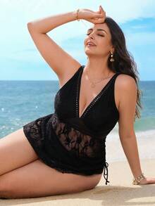 Swim Lushoire Plus Size Women 2pcs Solid Color Elegant Beach/Pool Swimsuit - Black - View 5