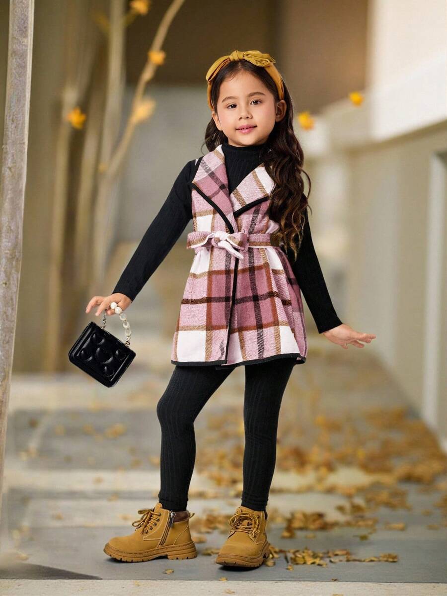 Emery Rose Kids Emery Rose Kids 3件套女童都市时尚格子外套、长袖T恤、裤子套装,适合休闲外出、派对、度假等场合,秋冬季 - 粉色 - 查看 1