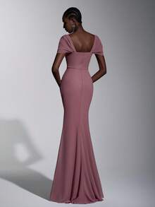 Elitara Elegant Lotus Pink Chiffon Off Shoulder Ruffle Front Slim Fit Fishtail Dress, Suitable For Dates, Vacations, Singles Parties, Weddings, Bridesmaid - Dusty Pink - View 3