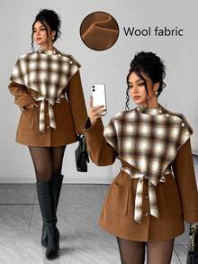 Elenzga Women's Pink And Grey Autumn Elegant Plaid Pattern Long Sleeve Poncho-Style Jacket,Waist Cinched Minimalist Coat With Pockets For Office Work Commute - Coffee Brown - View 4