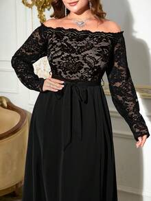 Reflora 大码纯色蕾丝拼接露肩长袖开衩连衣裙 - 黑色 - 查看 3